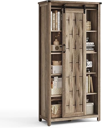 Farmhouse Storage Cabinet, 65" Tall Kitchen Pantry Cabinet with Sliding Barn Door