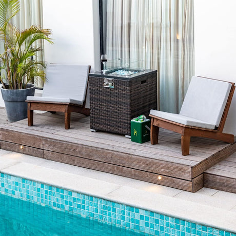 AJ Enjoy 24in Outdoor Propane Gas Fire Pit Table, 40,000 BTU Auto - Ignition Gas Firepit with Glass Wind Guard, Marble Tile Tabletop, Mixed Color Glass Rocks, Brown PE Rattan - Bircata
