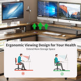 SkyMirror Computer Desk L Shaped 66" with LED Lights and Power Outlets, Reversible Gaming Desk with Monitor Stand and Printer Storage Shelves, Home Office Desk with USB and File Drawer (Vintage Brown)