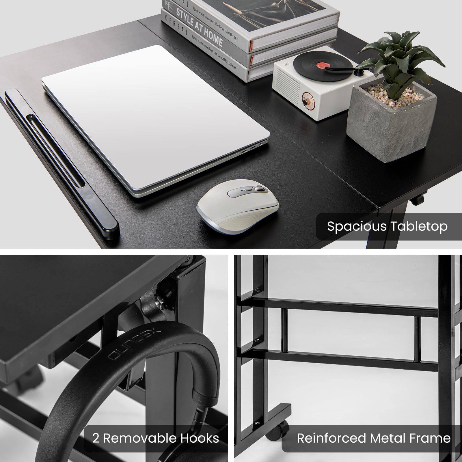 Mobile Standing Desk, Height-Adjustable Laptop Podium Cart with Tilting Tabletop & Adjustable Angle, Rolling Stand Up Computer Desk with 2 Hanging Hooks & Lockable Casters for Home Office