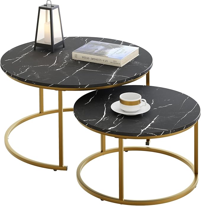 29.5" Nesting Coffee Table, Large White Faux Marble Gold Side Table Set of 2