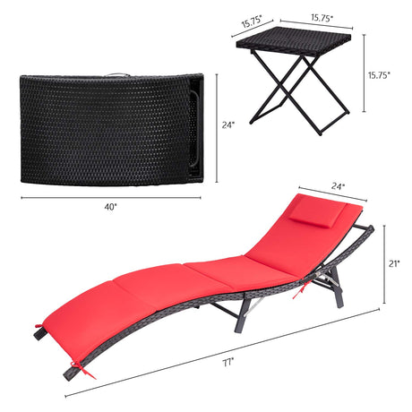 Furniture 3 Pieces Cushioned Rattan Chaise Lounge Sets (Red, Outdoor, Adjustable Back