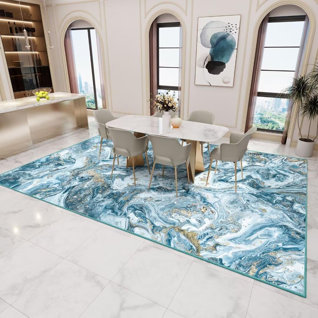 GEMBED Washable Area Rug 9x12 - Artistic Style Modern Rug for Living Room Bedroom Dining Room, Soft Low Pile Machine Washable Carpet, Non Slip Non Shedding Area Rug - Blue/Gold, 9'x12'