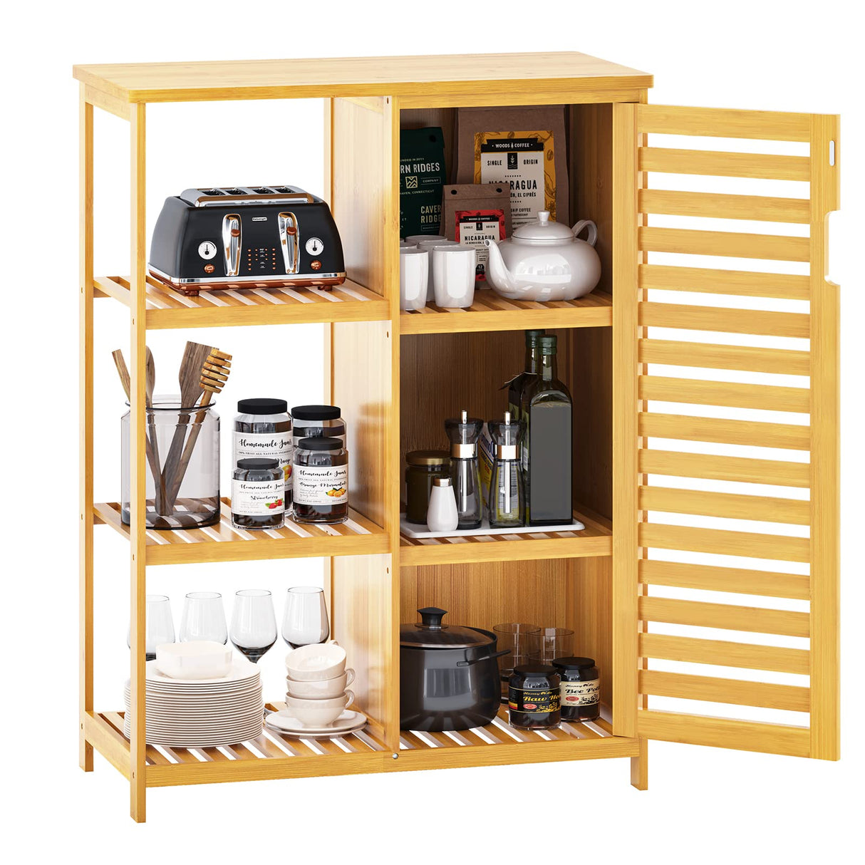 Bathroom Cabinet Bamboo Storage Cabinet with Doors and 3 Side Shelves