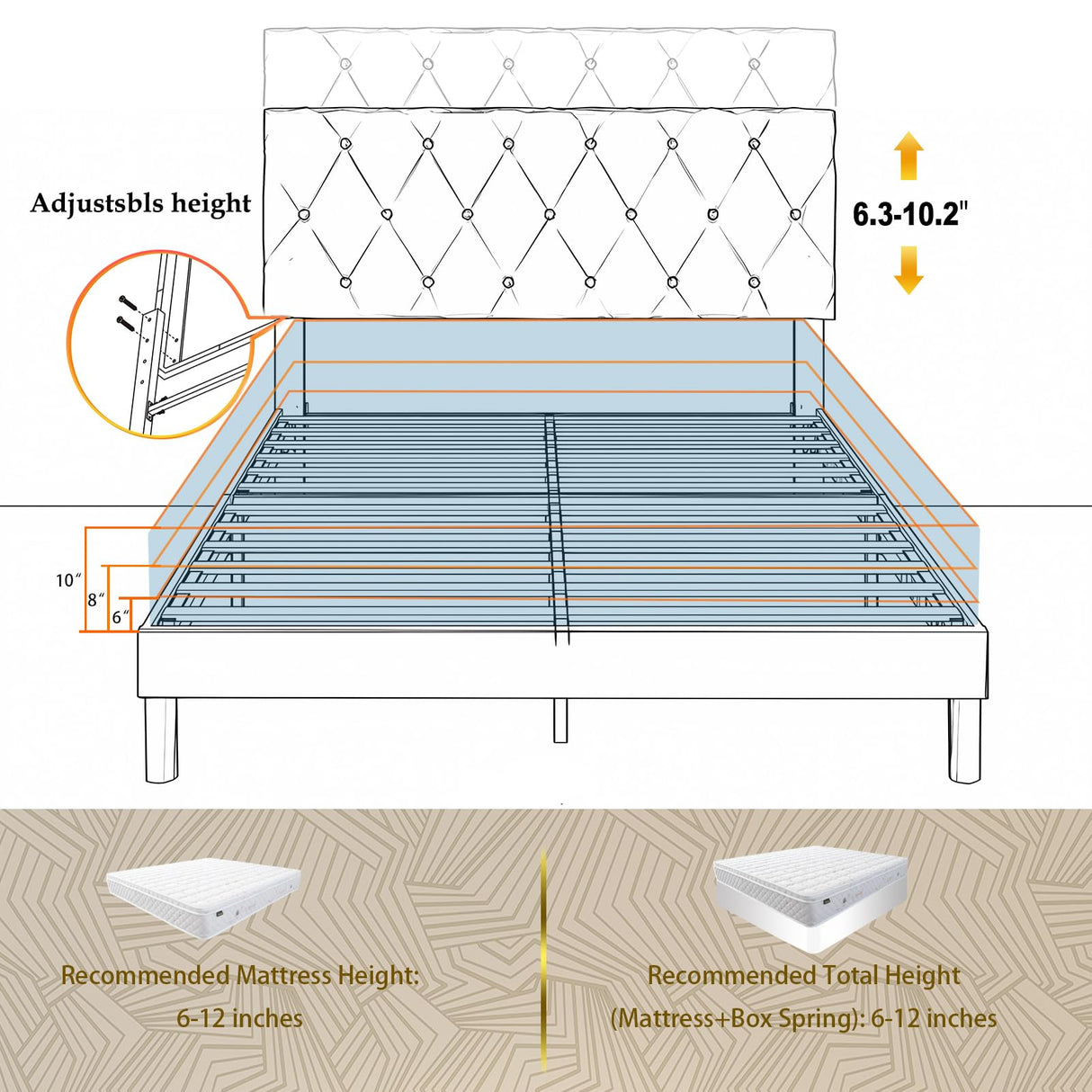 Queen Size Bed Frame, Velvet Upholstered Platform with Headboard,