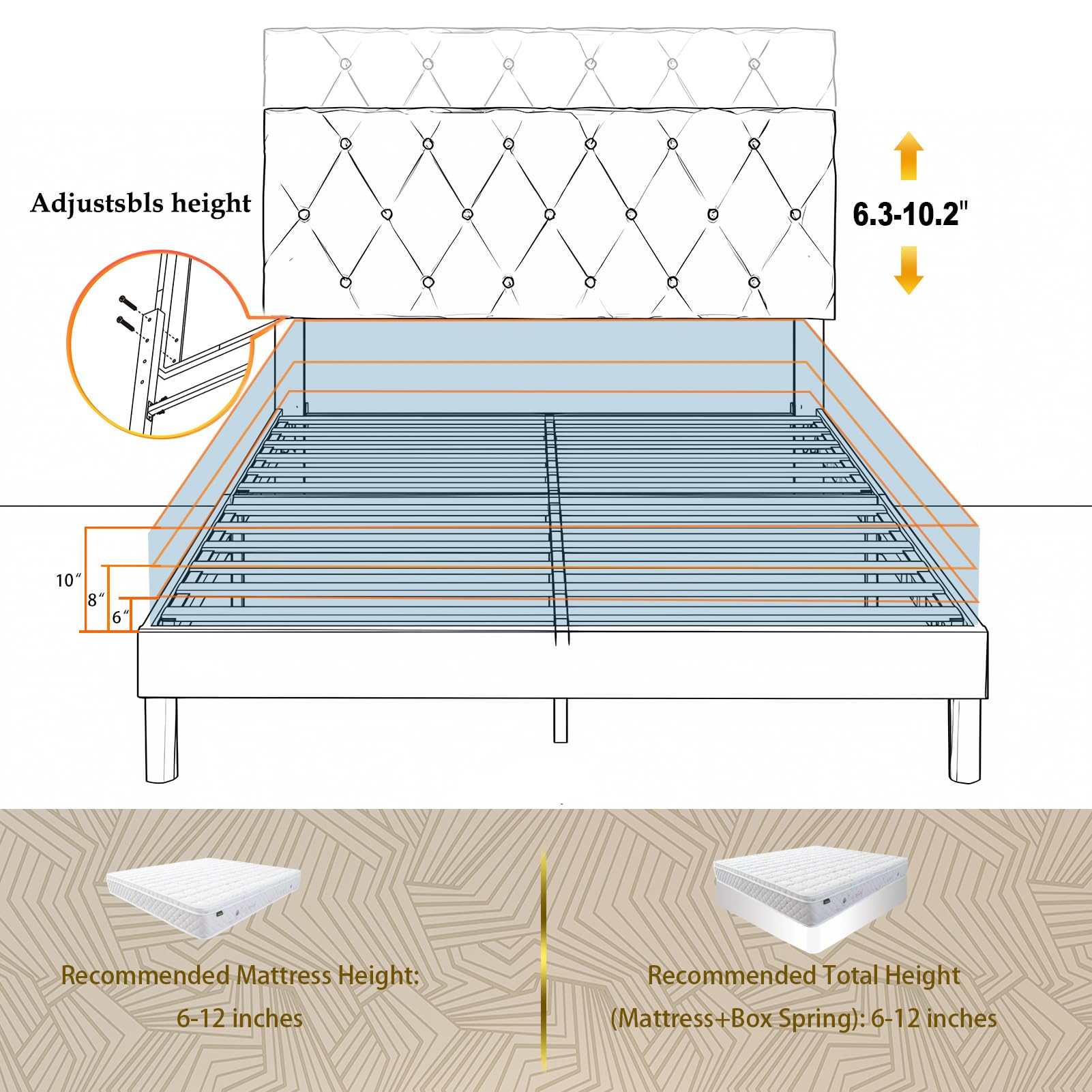 Queen Size Bed Frame, Velvet Upholstered Platform with Headboard,