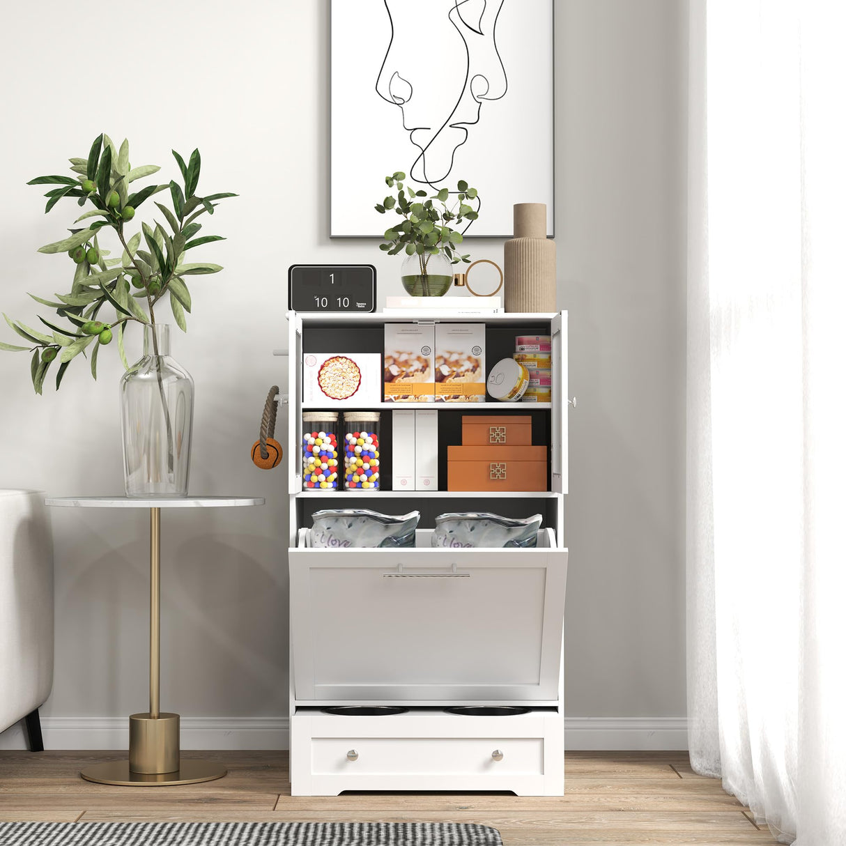 Elevated Dog Feeding Station with Storage Cabinets & Bowls