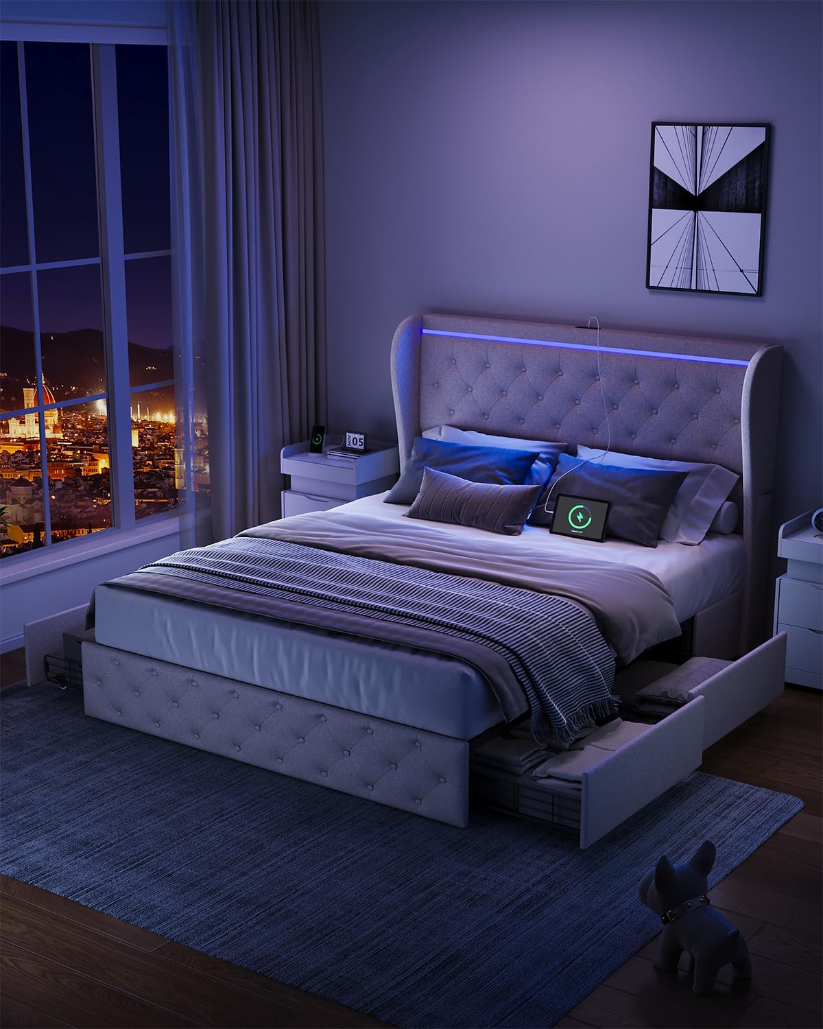 Bed Frame, Storage Headboard with Charging Station and LED Lights