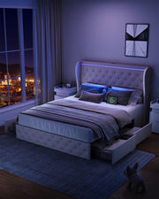 Bed Frame, Storage Headboard with Charging Station and LED Lights