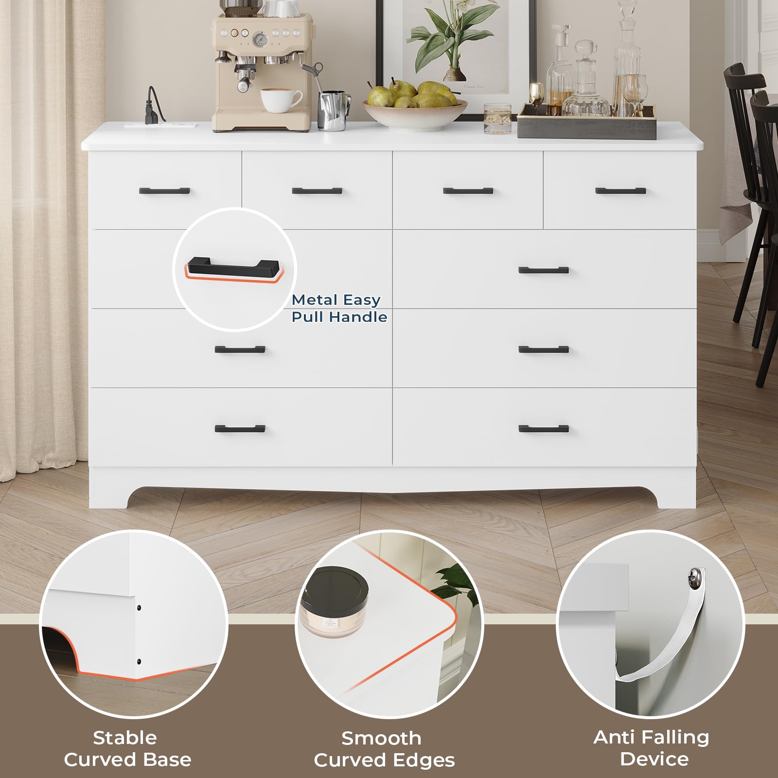 White Bedroom Dresser with 10 Drawers, Large Chest of Drawers Storage Organizer, Long