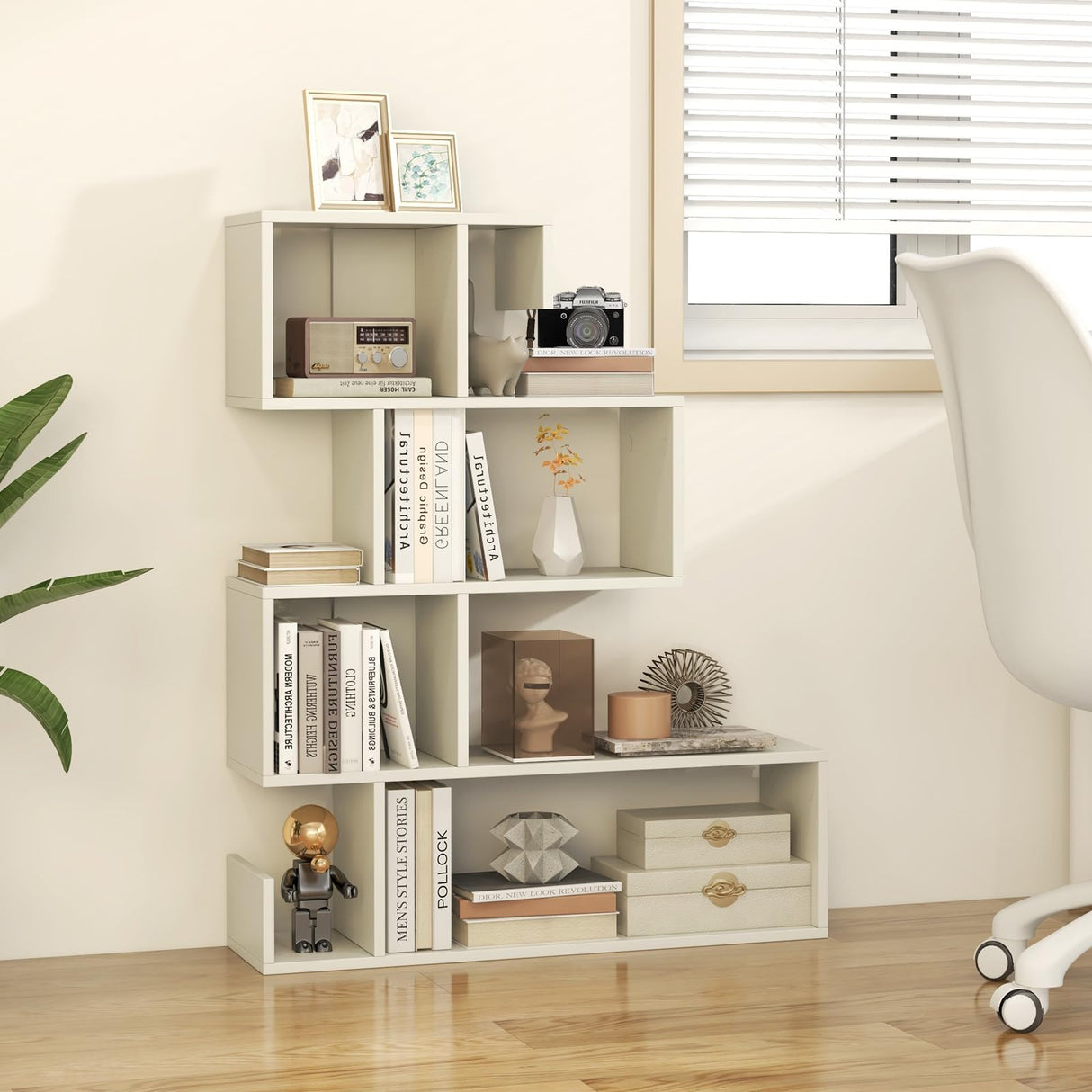 S-Shaped Bookshelf, Geometric Bookcase with Open Shelves, 5 Tier Display Shelf, Modern