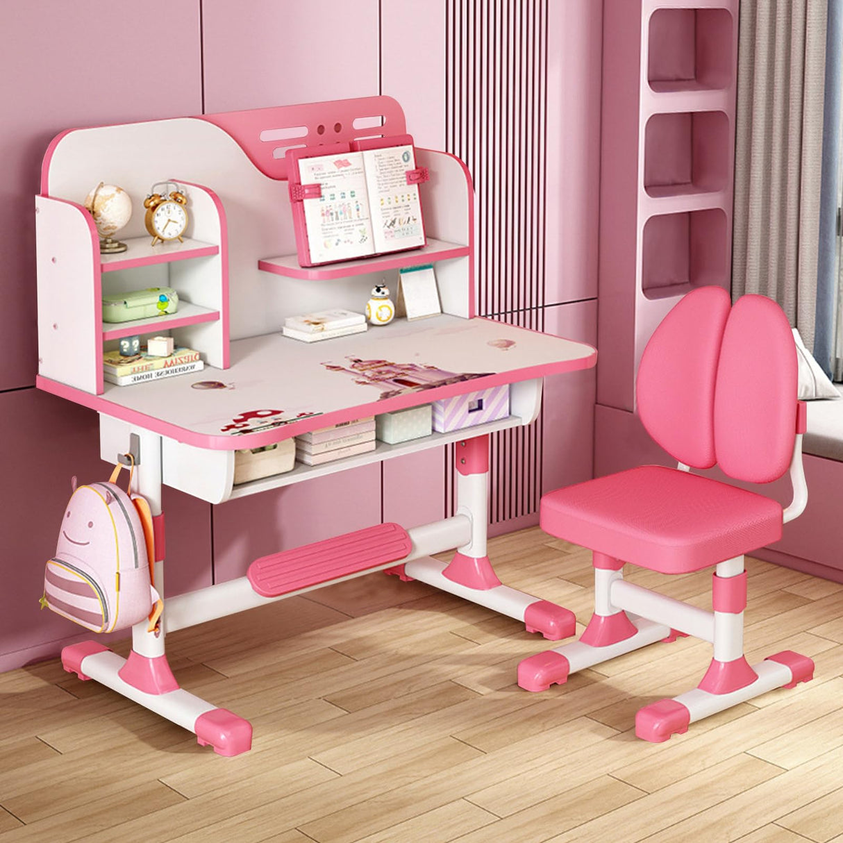 and Chair Set, Height Adjustable Children's Desk and Chair Set Ergonomic School Study Table Chair 80cm Desktop Students Desk Chair with Writing Board, Bookshelf and Drawer Pink