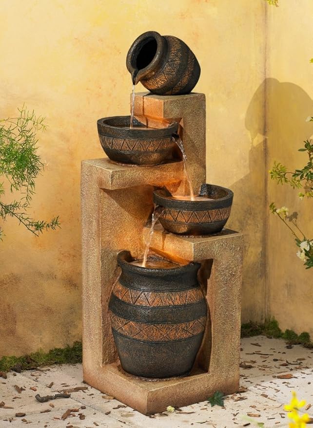 Cascading Rustic Outdoor Floor Three Jugs Fountain and Waterfalls 33" High Decor for Garden