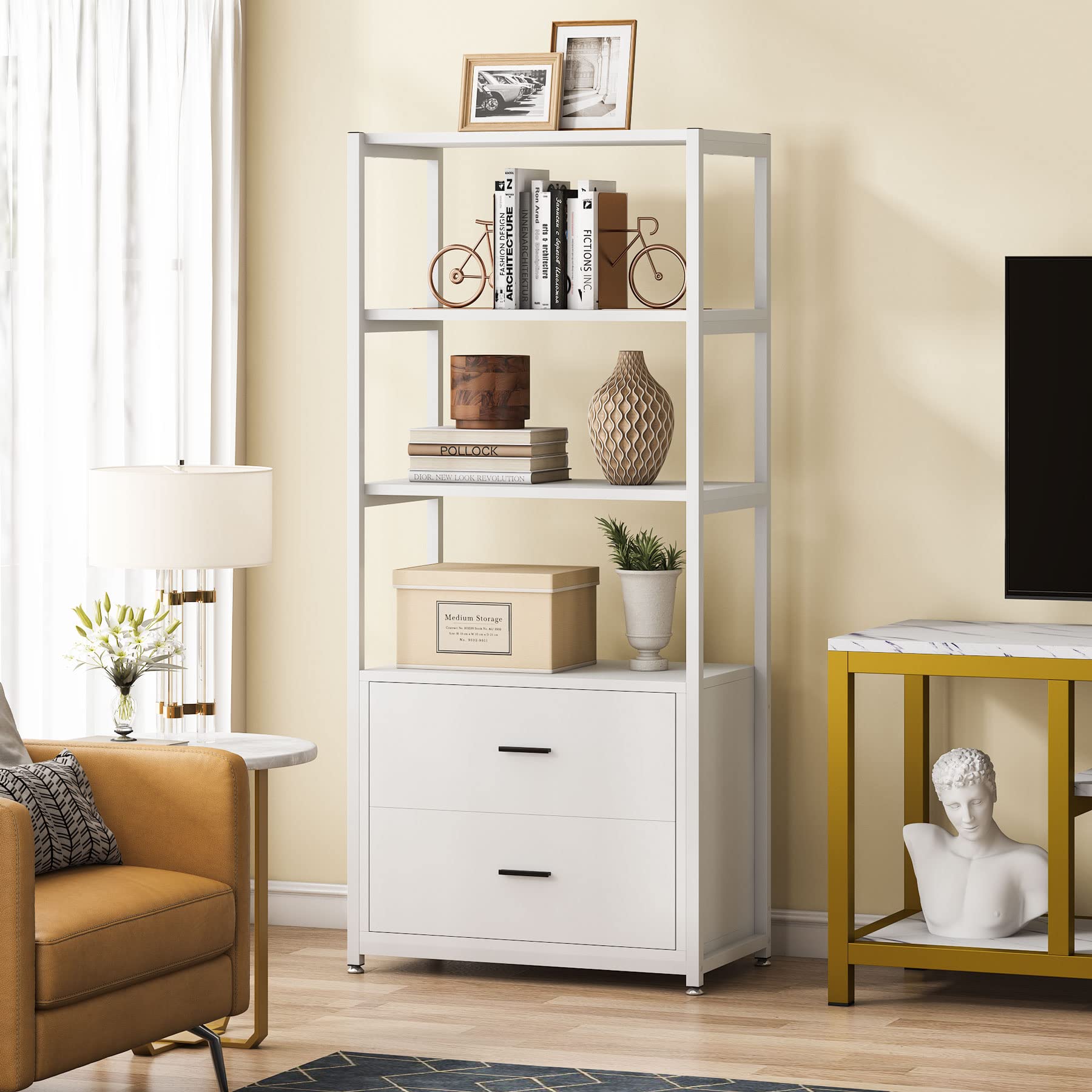 , 4-Tier White Bookshelf with 2 Drawers, Etagere Standard Book Shelves Display Shelf for Home Office (White)