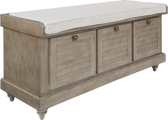 Dover Coastal Lift-Top Storage Bench with Shutter Face Styling, Distressed White Finish