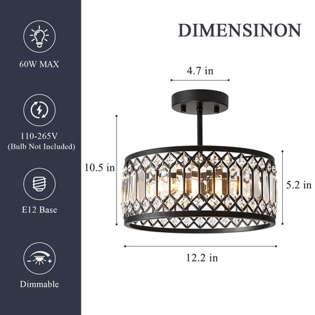 Pevfah Crystal Black Ceiling Light, Modern Semi Flush Mount Ceiling Lighting Fixture, Round Hallway Lighting Fixtures Chandelier for Kitchen Entryway Bedroom Dining Room, 3-Light, 12.2 Inch