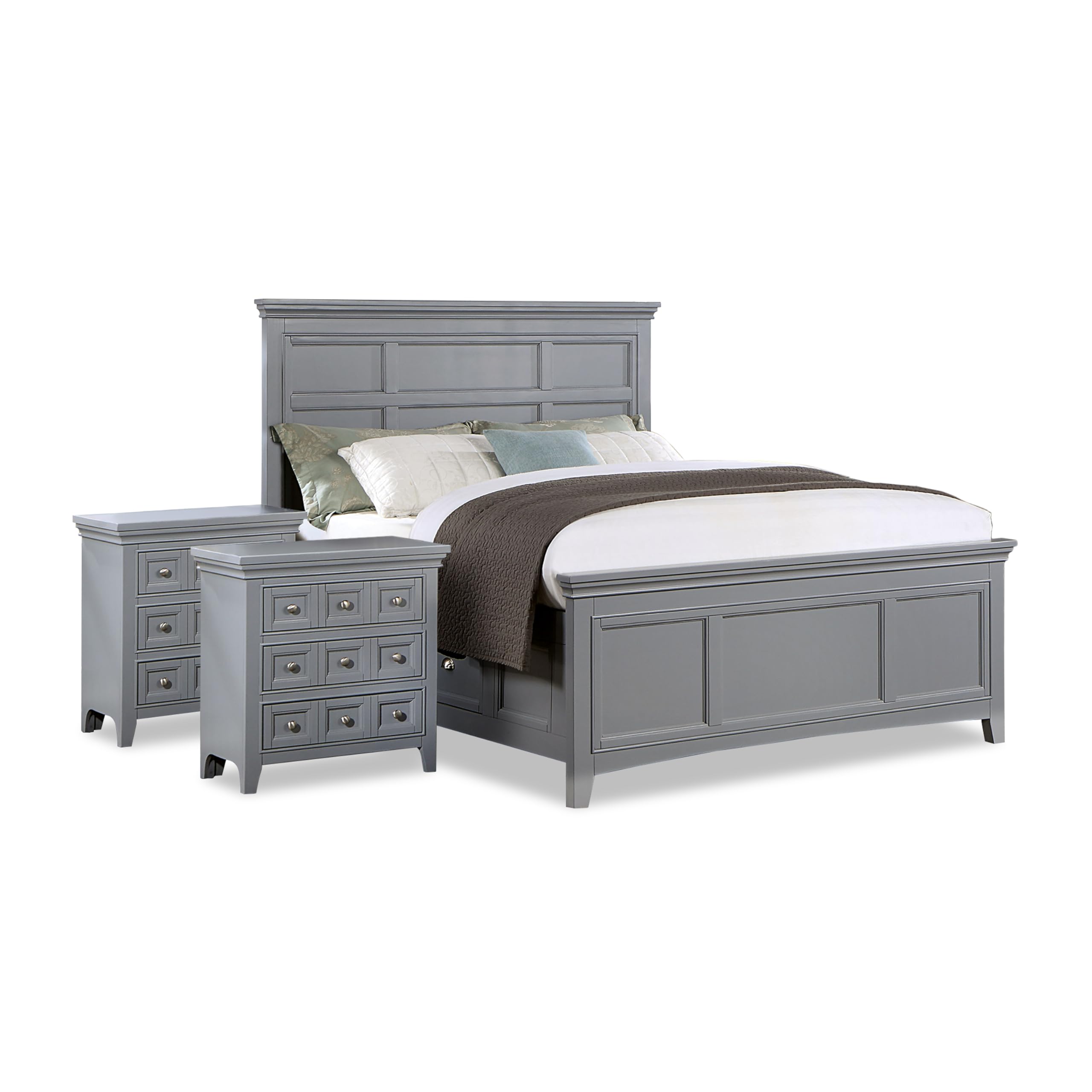 Zinnia Transitional Storage Wood 3-Piece Bedroom Set, Bed and 2 Nightstands