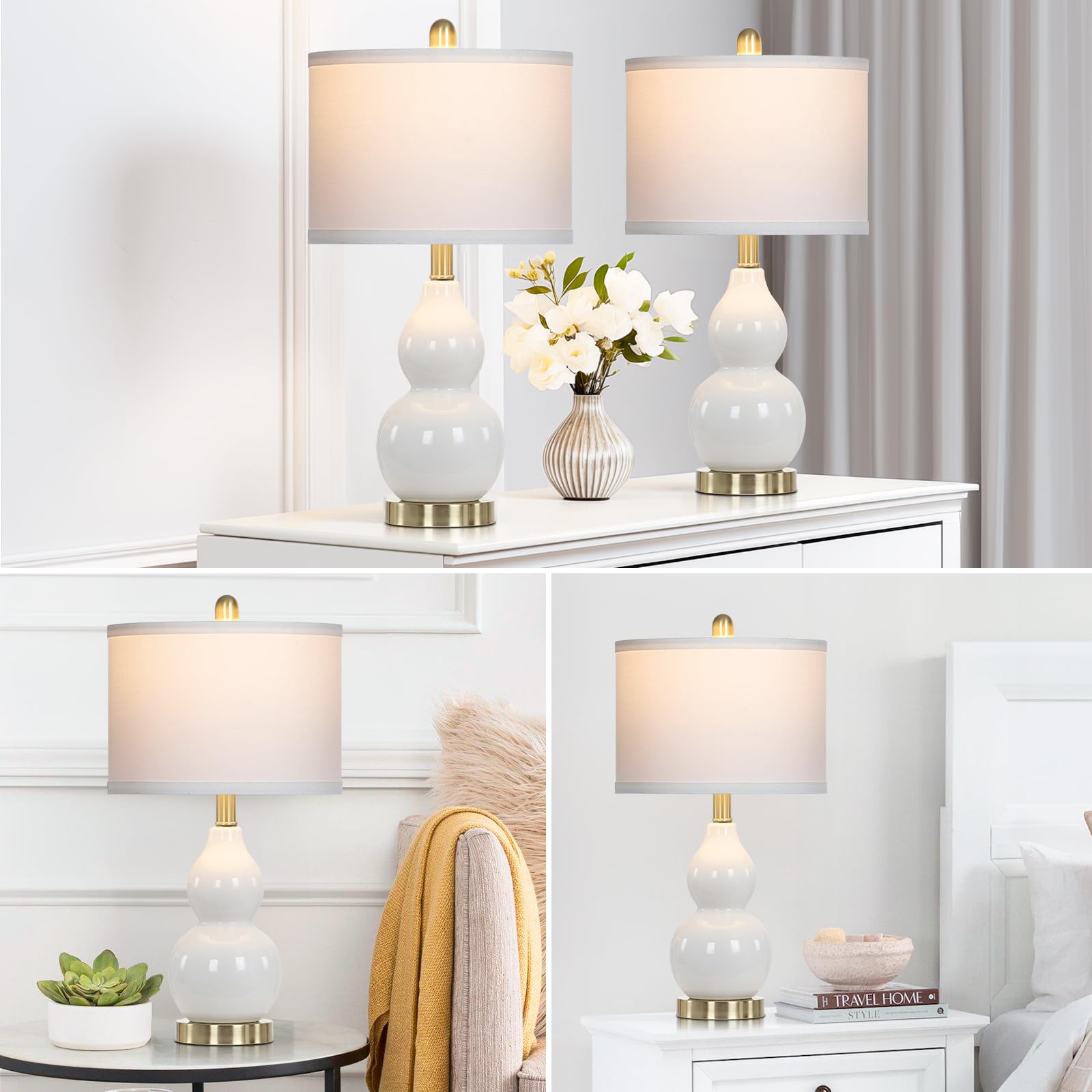 Double Gourd Ceramic Table Lamps Set of 2, Modern White Bedside Lamps for Night Stand