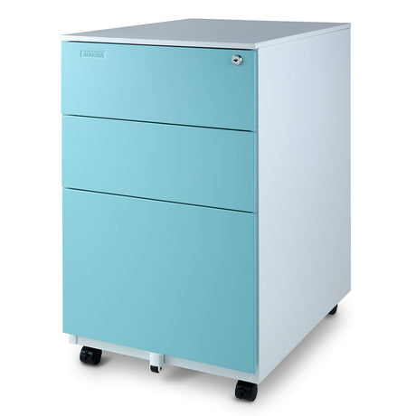 Mobile File Cabinet 3-Drawer Metal with Lock Key Sliding Drawer, White/Aqua Blue