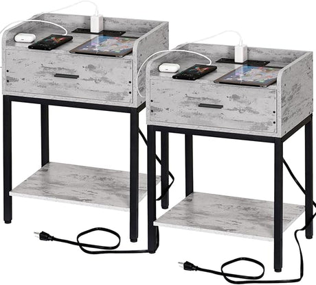 Nightstand with Charging Station and USB Ports, Natural Night Stand with Storage Drawers