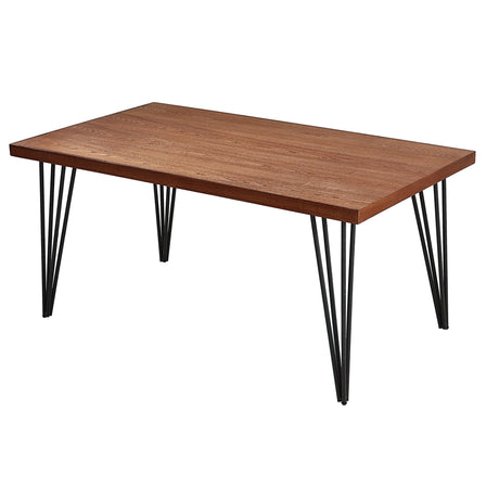 63 Inch Dining Table, Rectangular Elm Veneer Top, Metal Legs, Brown and Black