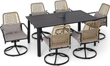 Stackable Rattan Patio Dining Chairs and and Rectangle Table Set of 6 with 63"x38" Wood-Like Table