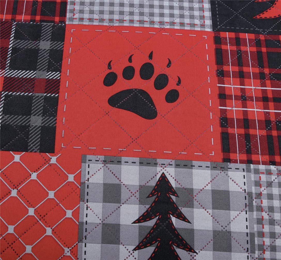 Rustic Bear Quilts Set Full/Queen Size, Red Black Plaid Patchwork Bedding Lightweight
