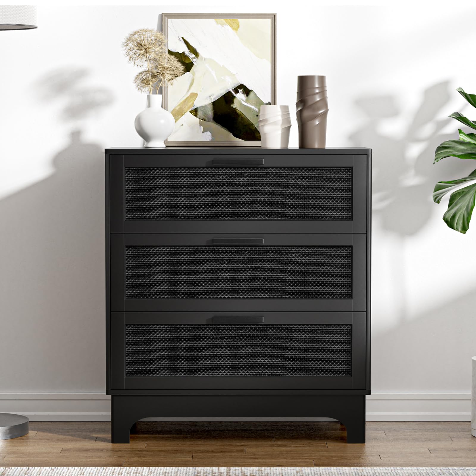 35" H Black Rattan Dresser, Farmhouse 3 Drawer Dresser