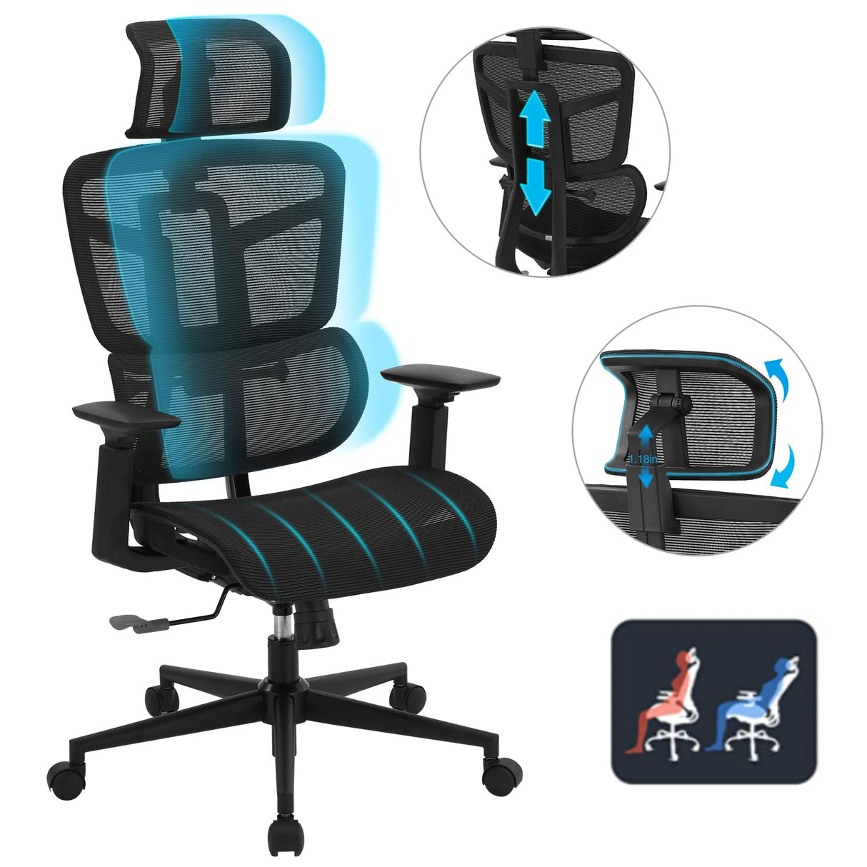 Office Computer Desk Chair, Ergonomic Desk Chair Mesh Computer Chair with Wheels,