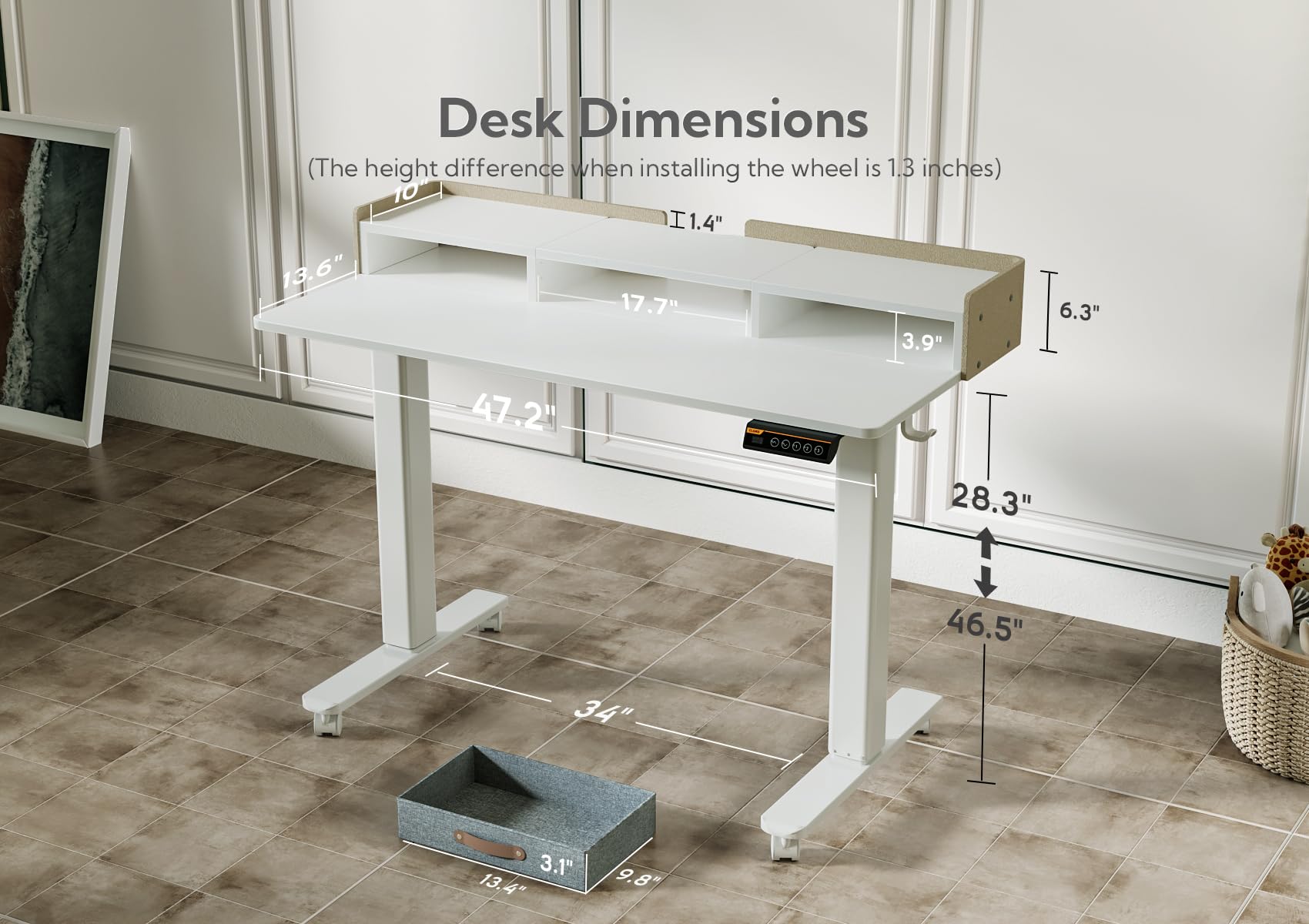Desk with Drawers, Adjustable Height Stand up Desk with Storage Shelf, Electric Small Sit Stand Desk with Splice Board, 48 Inch, White