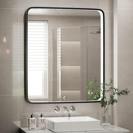 36x24 Inch LED Bathroom Mirror with Lights, Black Metal Frame Mirror