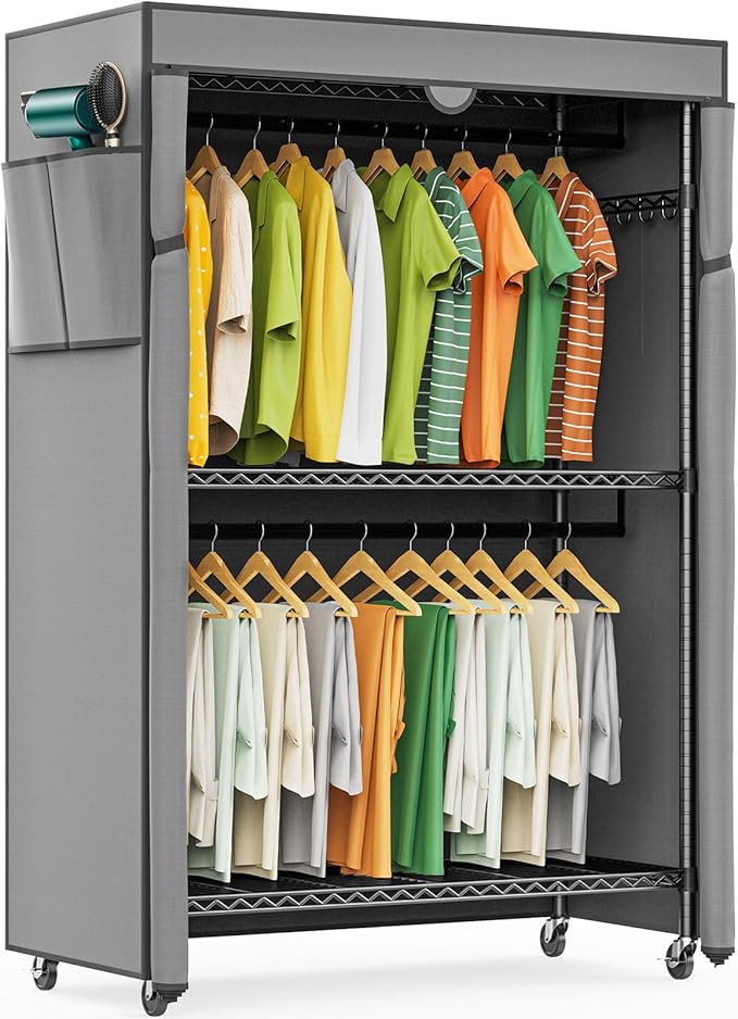 Heavy Duty Clothes Rack with Cover, Rolling Garment Rack for Hanging Clothes