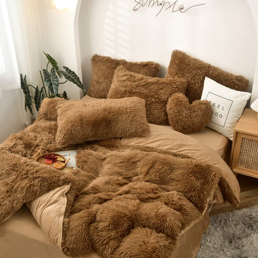 5 PCS Shaggy Duvet Cover Bedding Set - Fluffy Comforter Cover Long Faux Fur Luxury