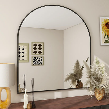 Wall Mounted Mirror, 32"x34" Arch Bathroom Mirror, Black Vanity Wall Mirror