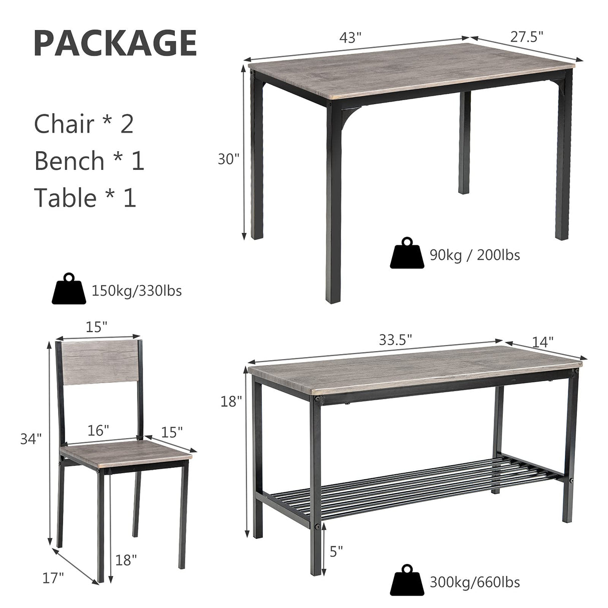 Dining Table Set for 4, Kitchen Table with Bench and Chairs