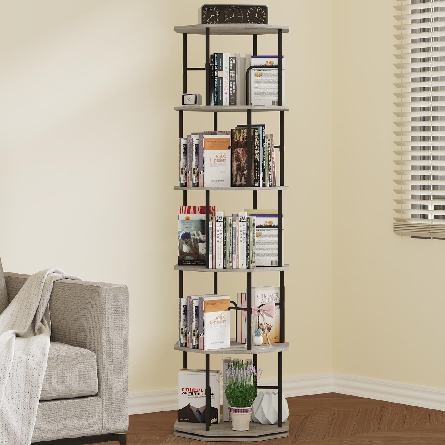 5-Tier Rotating Bookshelf Storage Rack, Corner Spinning Bookshelf Tower with Bookends for Small Space