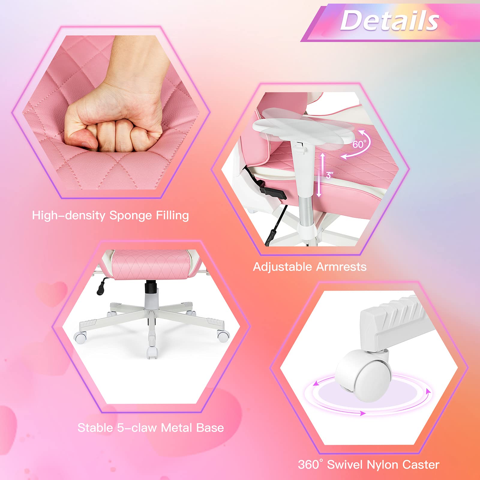 Pink Ergonomic Gaming Chair with Lumbar Support