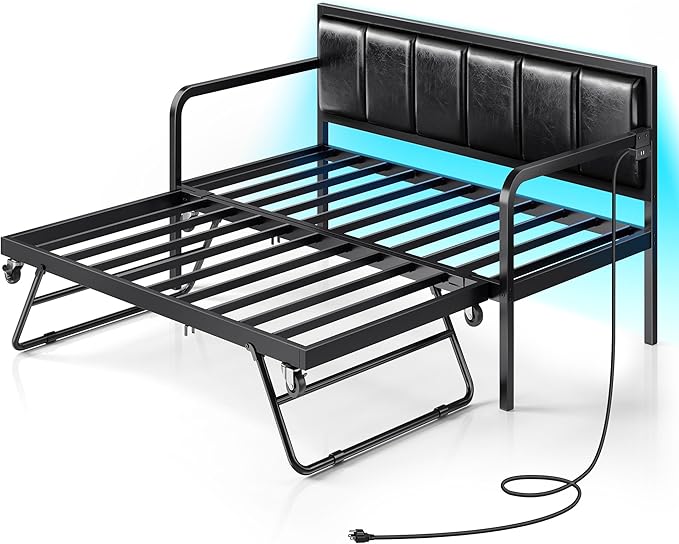 Daybed with USB Charging Station and LED, Height Adjustable Twin Daybed with Trundle