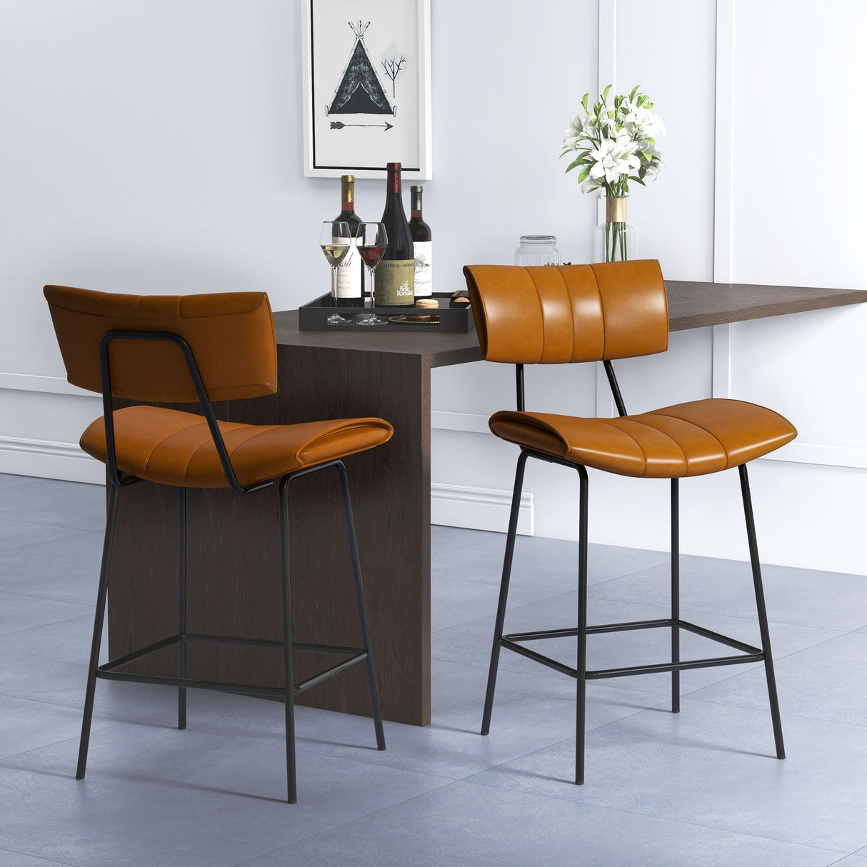 Brown Counter Height Bar Stools Set of 4, Modern Faux Leather Bar Stools