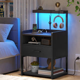 Night Stand Set 2 with Charging Station and LED Lights, Black Night Stand with Drawer