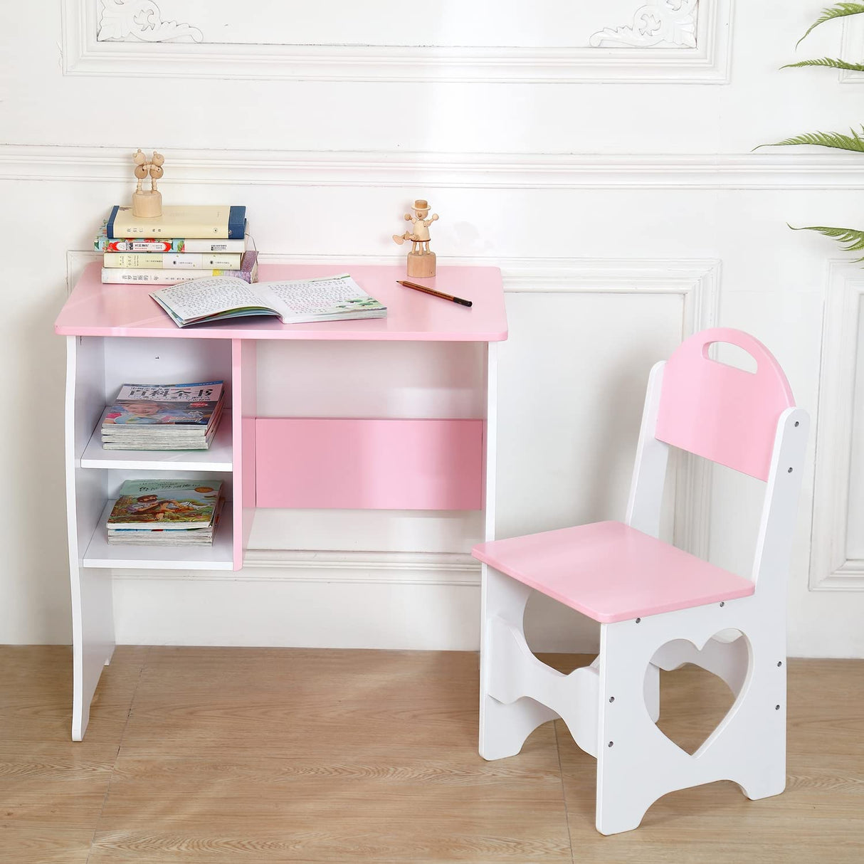 Kids Desk and Chair Set, Children Study Desk with Storage Shelf