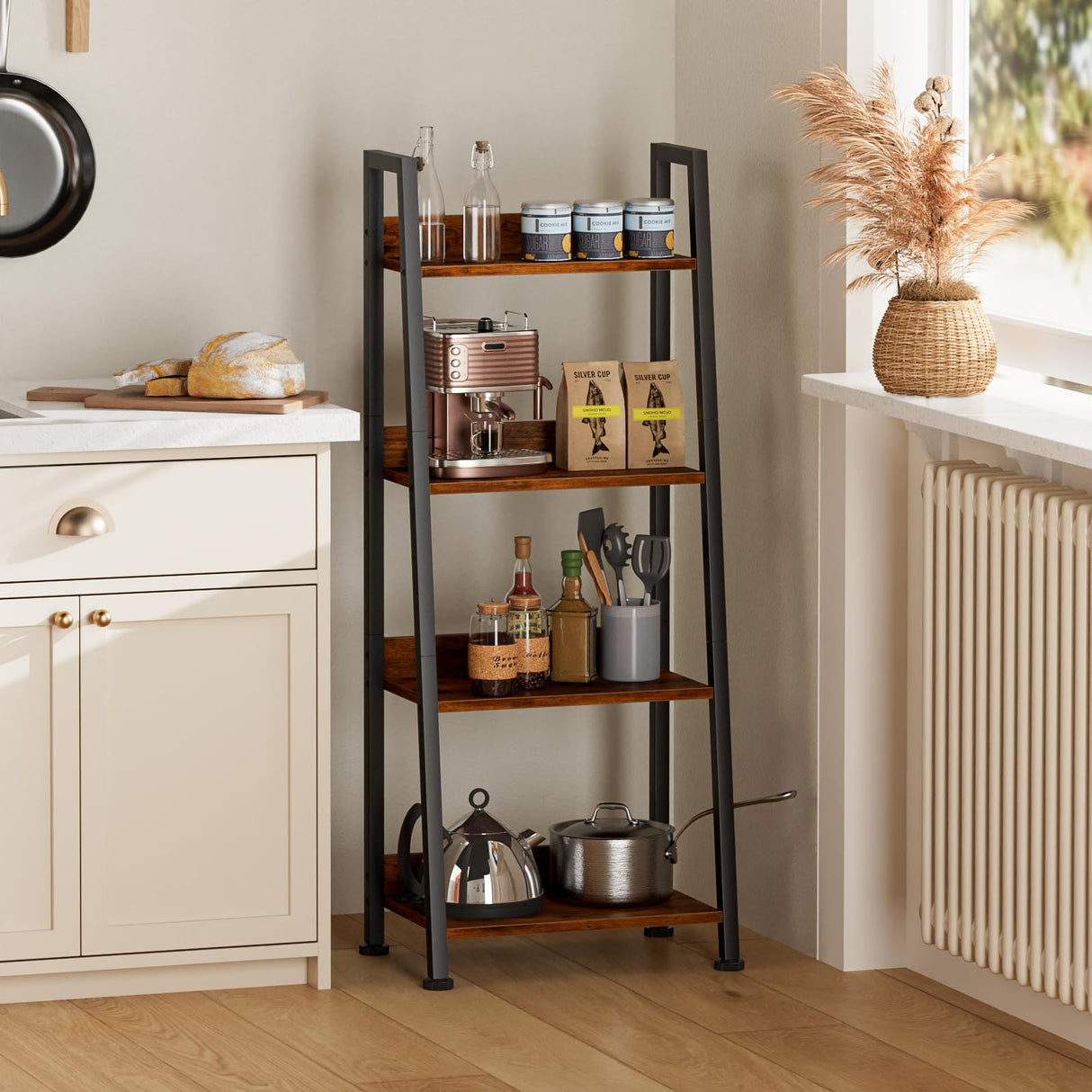 4-Tier Ladder Shelf, Ladder Bookshelf with Removable Drawer, Rustic Bookcase Storage