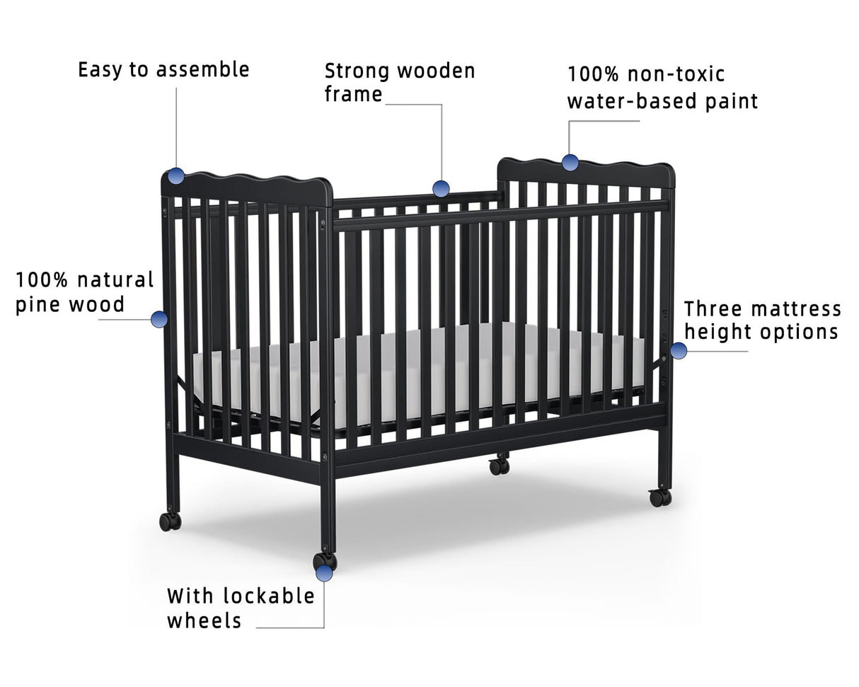 3-in-1 Convertible Crib Wood Full Size Toddler Bed with Locking Wheels