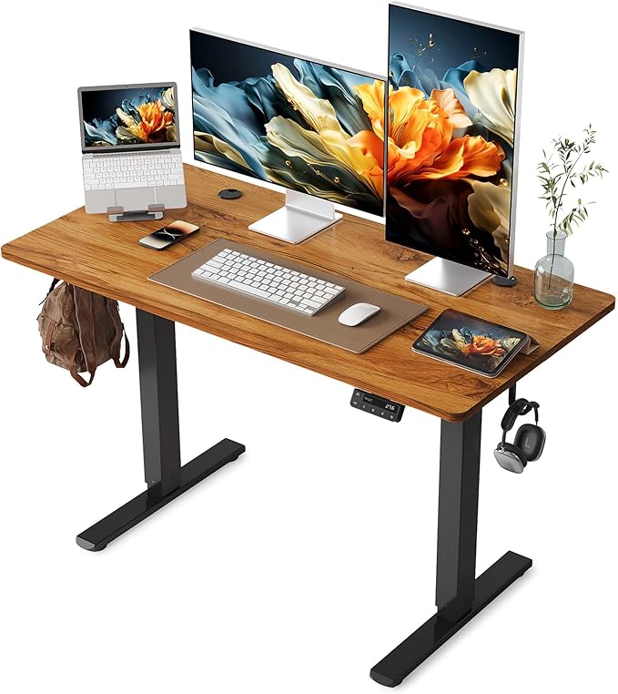 Standing Desk, Adjustable Desk, 48 x 24 Inches Stand Up Desk with Splice Board, Adjustable Height Desk, Electric Desk Computer Desk for Home Office, Black Frame/Rustic Brown Top