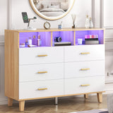 Dresser for Bedroom,White 6 Drawer Dresser with LED Light and Power Outlet