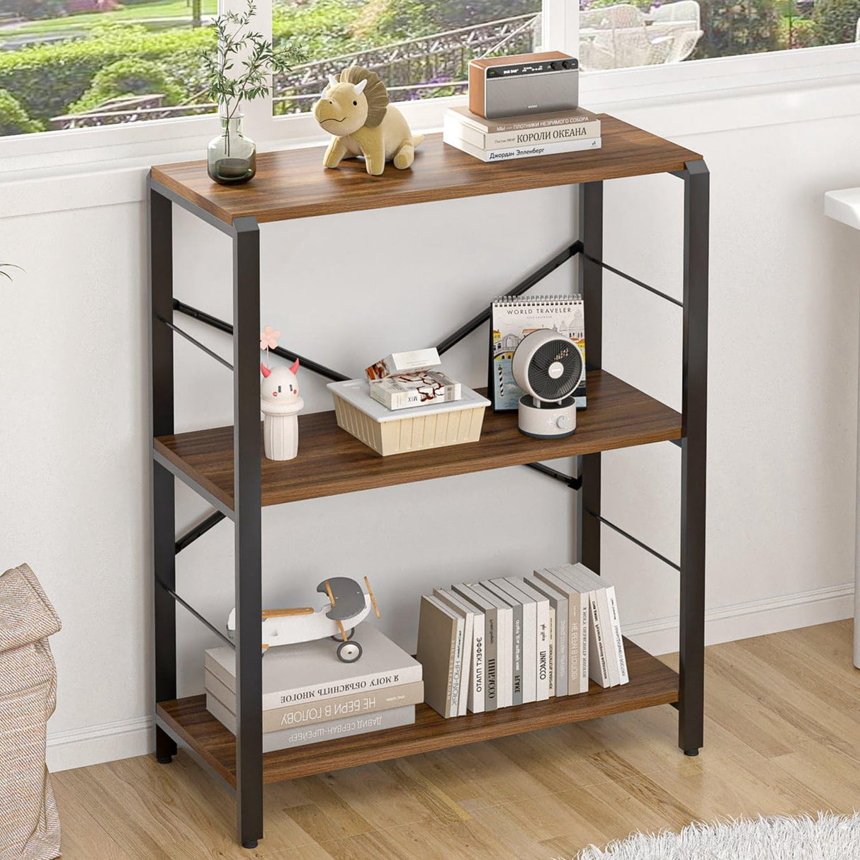 Small Bookshelf, 3 Tier Rustic Book Shelf with Storage, Industrial Low Short Bookcases