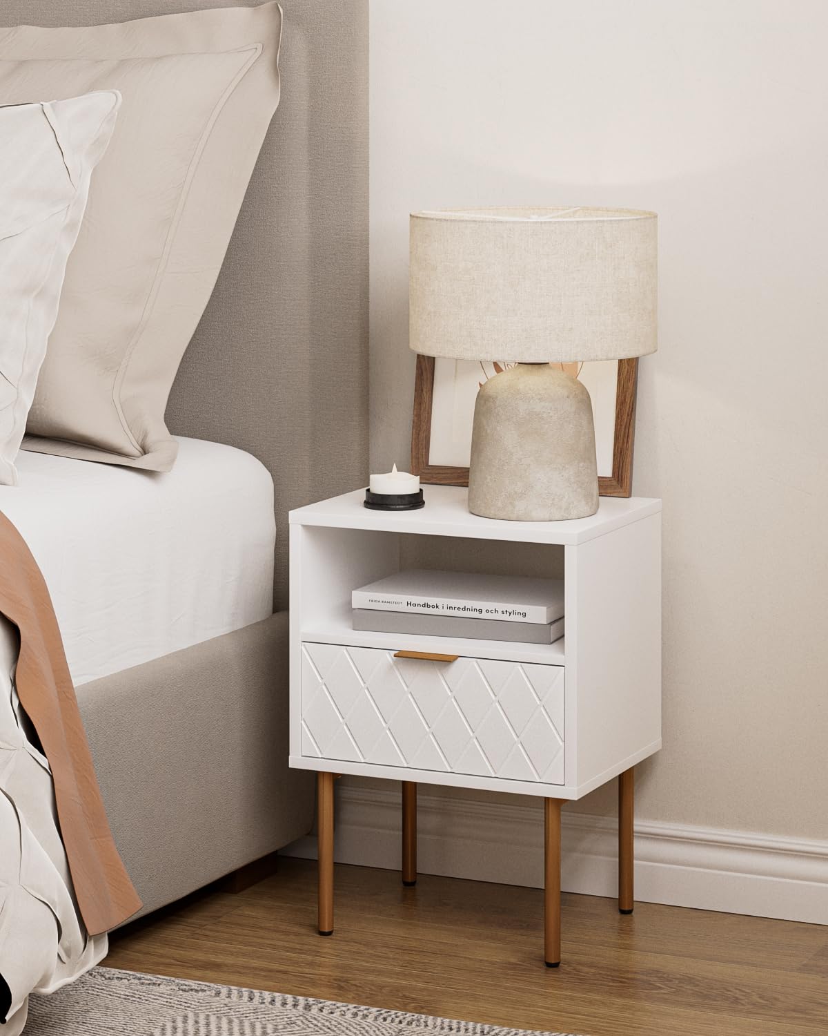 Nightstand,Small Bedside Table with Gold Frame