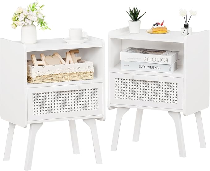 Rattan Nightstands Set of 2, Side Table with Drawer Open Shelf, Cane Accent Bedside End Table with Solid Wood Legs, Mid Century Modern Night Stand for Bedroom, Dorm and Small Spaces (White)