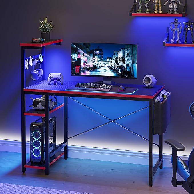 Gaming Desk with LED Lights, 44 Inch PC Gamer Desk for Small Spaces, Computer Desk