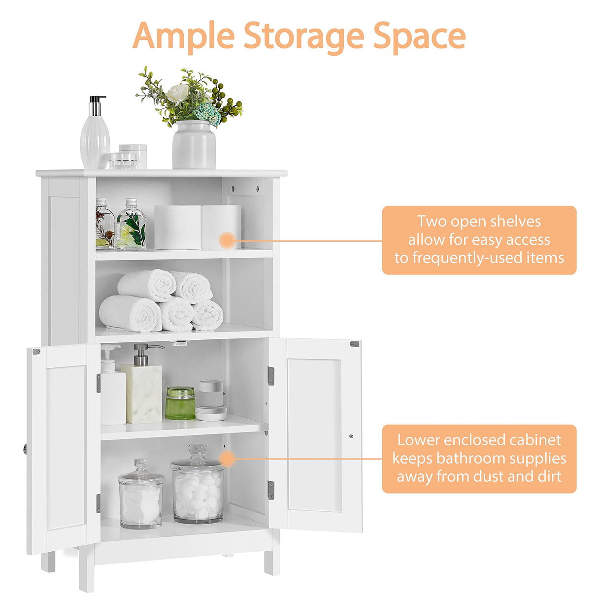 Bathroom Floor Storage Cabinet with 2 Doors and Adjustable Shelf, Side Storage